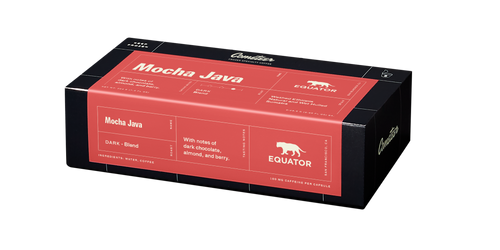 Mall Dark Roast Mocha Java coffee box with 30 servings in black and coral packaging featuring Equator logo