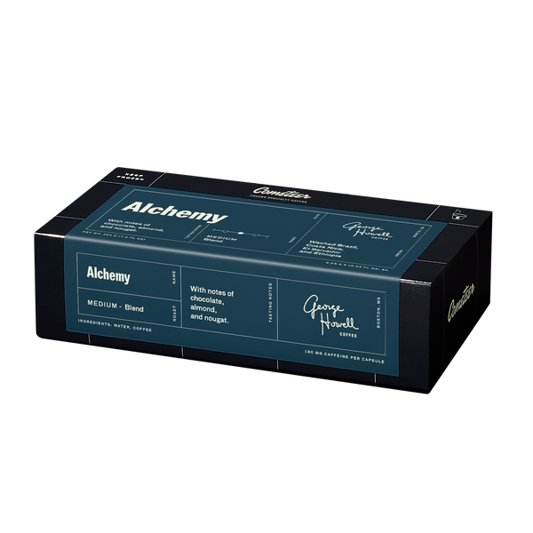 Alchemy medium blend coffee box featuring chocolate, almond and nougat notes on sleek teal and black packaging