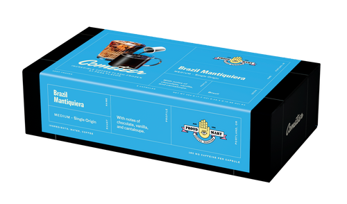 Brazil Mantiqueira coffee box with notes of chocolate, vanilla, and cantaloupe in medium single origin capsules.