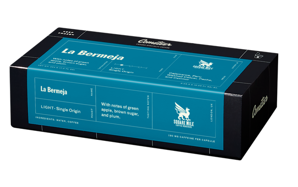 La Bermeja single origin coffee packaging in black and turquoise box featuring brand logo and product details